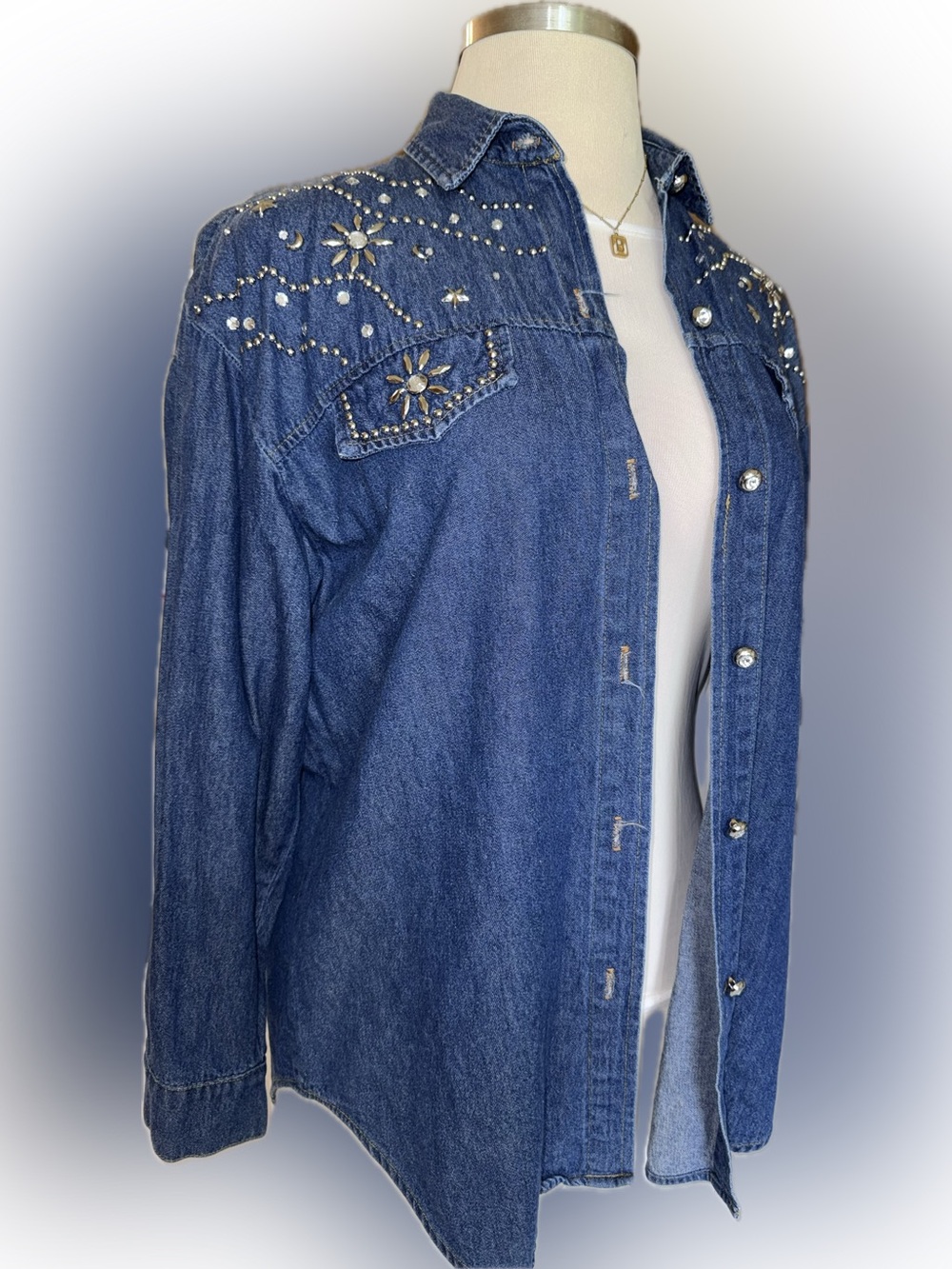 Vintage Donna Blue Denim Western-Style button down Shirt with Star & Moon Studs